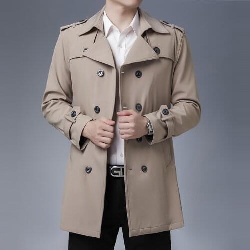 Mens Spring Coat High Quality Mens Khaki Black Mens Long Trenchcoat Double Breasted Business Casual Men Slim Jacket