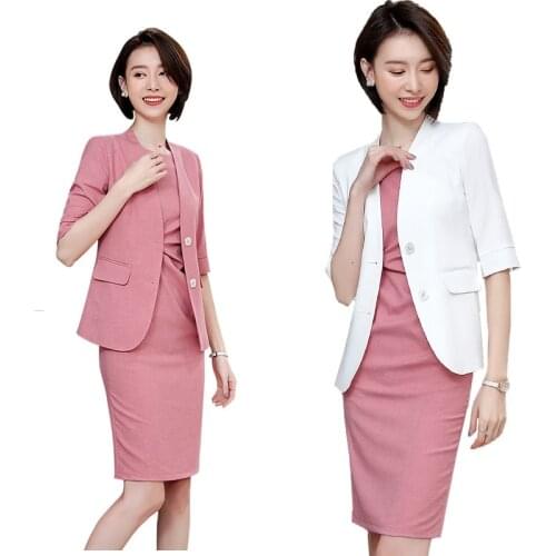 Pink Formal Dress Blazer Dresses with Jacket Womens Suit Set Office Wear Work for Ladies Evening Elegant Costumes