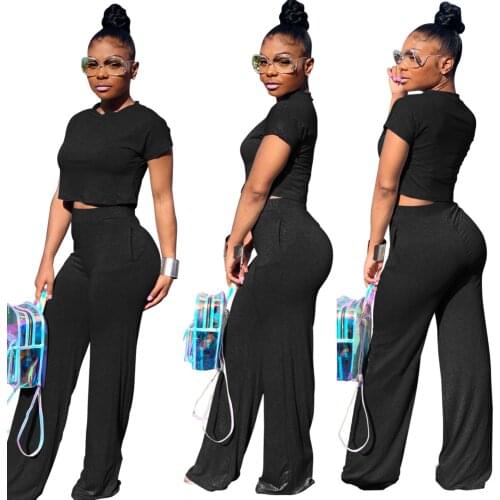 Solid-color Short Sleeves Sexy Crop T-shirt & Wide-leg Trousers Women Suit European & American Fashion Casual 2 Piece Set