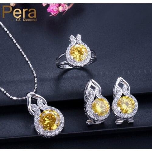 Pera New Design Bridemaid Wedding Accessories 3 Pcs Yellow CZ Austrian Crystal Silver Color Earrings Jewelry Sets for Women J002