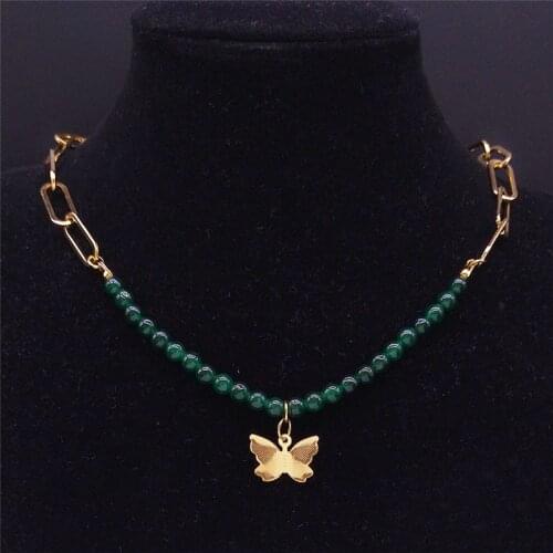 Green Natural Stone Stainless Steel Butterfly Charm Necklaces for Women/Men Gold Color Necklaces Jewelry bijoux femme NY52S04