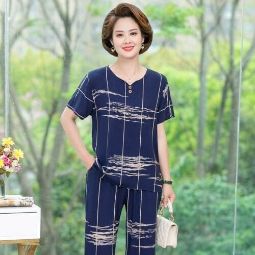 2 Piece Sets Women Summer T-shirt and Pants Summer Two Piece Set Tops and Pants Middle-aged Plus Size Print Plaid Casual Women