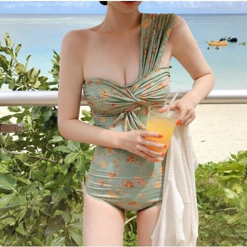 2021 Sexy Bandage One Piece Swimsuit Women Print Swimwear One Shoulder Monokini Pad Swim Suit Pleated Trikini Bow Bathing Suit
