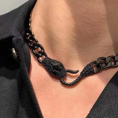 Women Super Cool Black Snake Metal Cuban Chain Necklace for Punk Gothic Party Rhinestone Choker Necklace Jewelry Accessories
