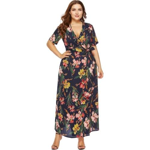 Plus Size Dress 2021 Elegant Printed Summer Floral Bohemian Beach Dress V-Neck Short Sleeves And Ankle Slim A-Line High Waist