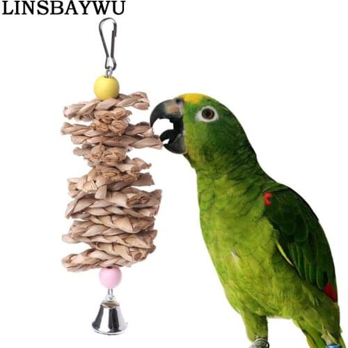 1pc Bird Parrot Toy Wooden Grass Chewing Bite Hanging Cage Swing Climb Chew Toys with Bell Natural Wood Christmas Gifts
