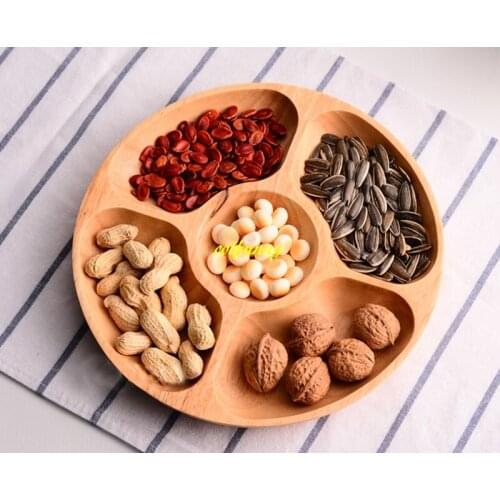 10pcs/lot 5 lattices Round Wooden Snack dish Family fruit dessert dish grains wood plate Home Party servicing Tray
