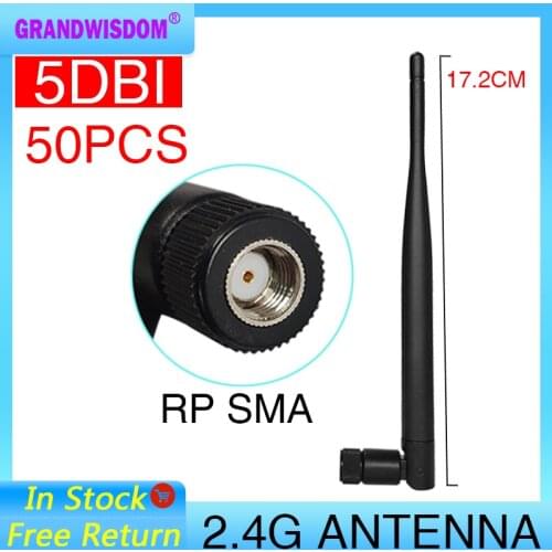 2.4 GHz WiFi Antenna 5dBi 50PCS RP-SMA Male Connector 2.4ghz antena wi fi antenne For PCI Card USB Wireless Router Wifi Booster