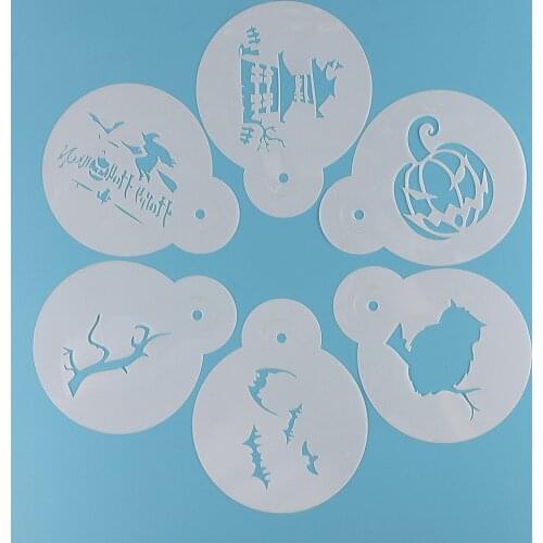 6PCS Halloween Coffee Milk Cake Cupcake Stencils Template Barista Cappuccino Template Strew Pad Duster Spray Tools