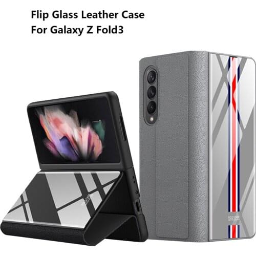 Phone Cover For Samsung Galaxy Z Fold 3 5G Case Plain Leather Tempered Glass Fold Stand Luxury Ultra-thin Shockproof Protective