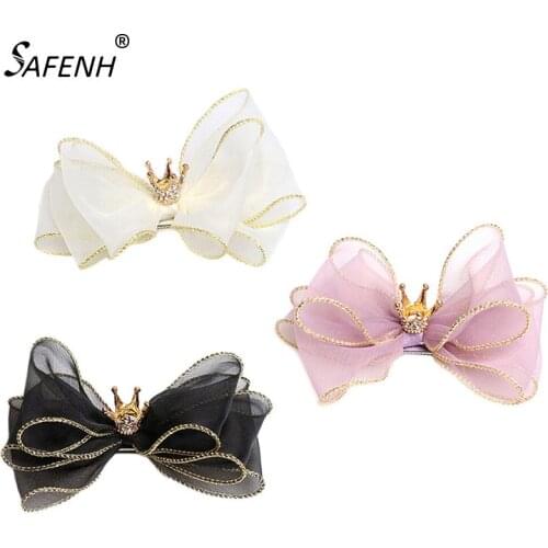 Children Three-dimensional Organza Bow Hairpin Crown Top Hair Clips Flower Crown Hair Ornaments Hairpin Kids Headwear