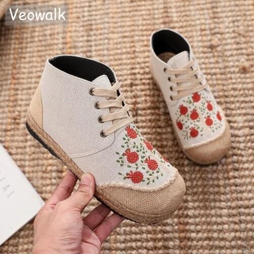 Veowalk Tree Embroidered Women Handmade Linen Cotton High Top Lace Up Espadrilles Sneakers Autumn Winter Comfortable Flat Shoes