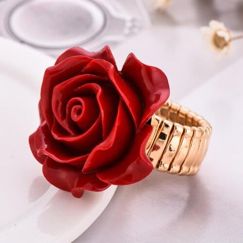 New Arrival Red Color Resin Rose Flower Gold-Color Adjustable Rings for Women Wedding Party Fashion Statement Finger Ring Bijoux