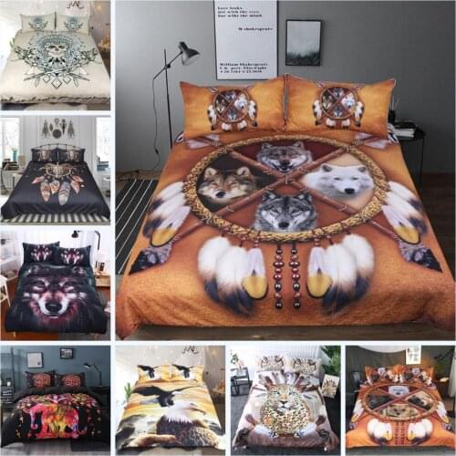 Wolves Bedding Set Bohemian Feather Duvet Cover Wild Animal Bedclothes 3D Print Indian Tribal Bedspreads Cover 3Pcs