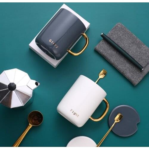 Simple Nordic Coffee Mug Creative Ceramic Spoon with Lid High Quality Handmade Gold Espresso Mug Caneca Drinkware Kitchen DB60MK