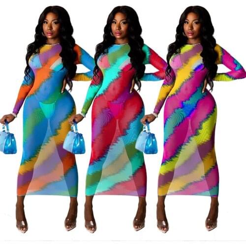 2021 Summer Hot Ladies European and American Style Printed Dress Mid-Length Sexy See-Through Nightclub Skirt Bag Hip Slim Fit