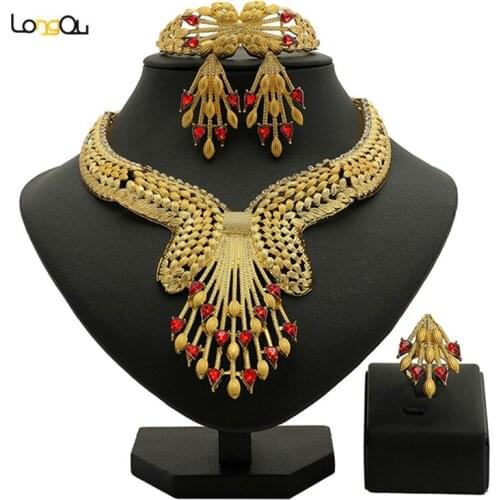 Longqu Saudi Gold Colorful Woman Wedding Jewelry Set Wholesale Nigerian woman Accessories Jewelry Set statement Bridal Jewelry