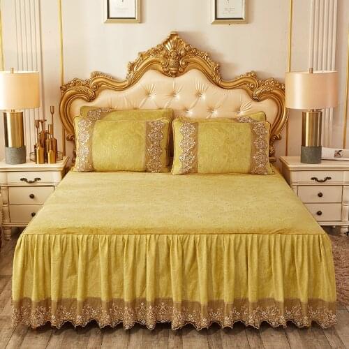 Fashion Crystal Velvet Bed Skirt Coral Flange European Style Bed Spreads Queen King Size Non Slip Group Bedspread Home Textiles