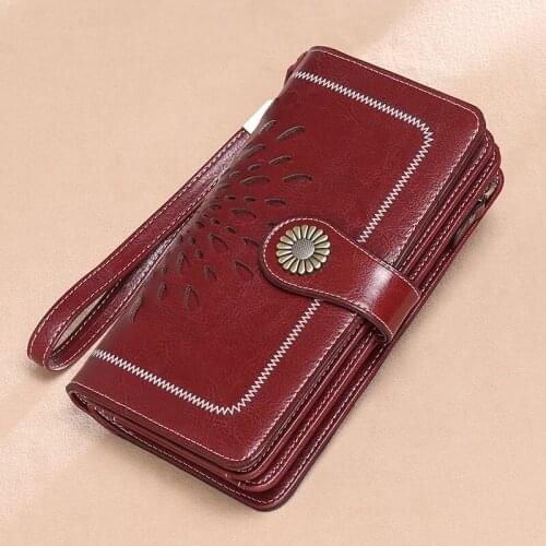 RFID Womens wallet genuine leather Big Capacity Hasp Zipper Purse Ladies Long Wristlet Clutch Coin Card Holder Phone Pocket