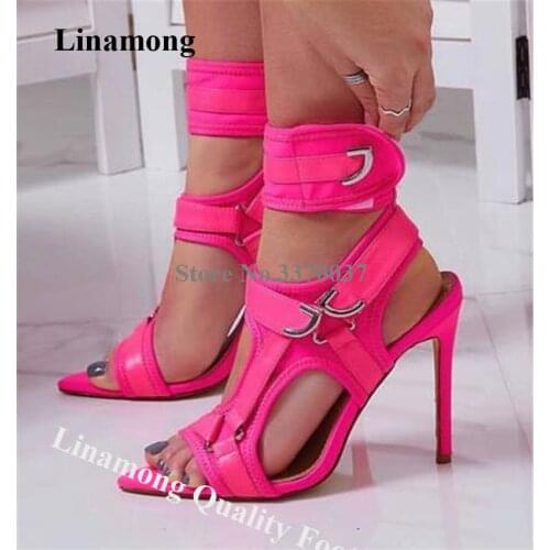 Linamong Cute Rose Red Metal Buckles Stiletto Heel Gladiator Sandals Pointed Open Toe Ankle Wrap High Heel Sandals Dress Heels
