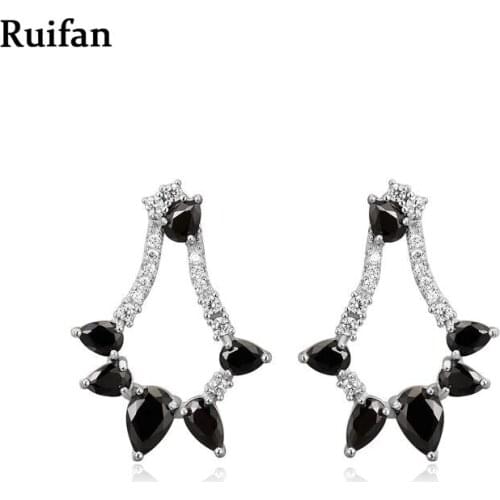 Ruifan Vintage Black/White Gold Cubic Zirconia 925 Sterling Silver Stud Earrings for Women Ladies Fine Jewelry YEA049