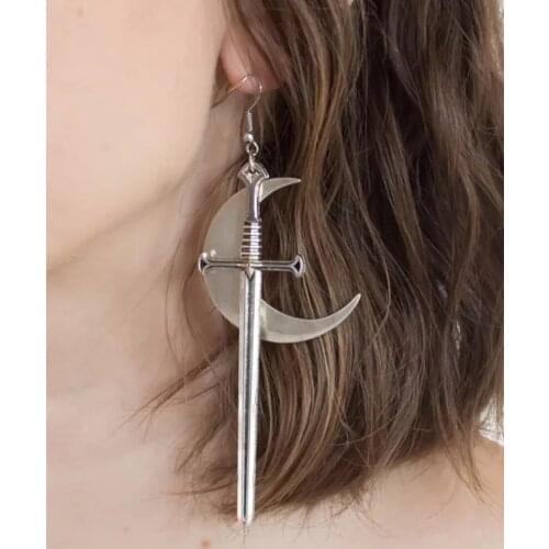 Swords Moon Earrings Witchy Warrior Pagan Viking Alternative Gothic Medieval Silver Color Classic Warrior Gift Women New