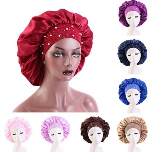 Pearl Rhinestone Sleep Caps Women Satin Wide Edge Headwrap Solid Hair Protection Care Elastic Shower Cap Night Sleeping Bonnet