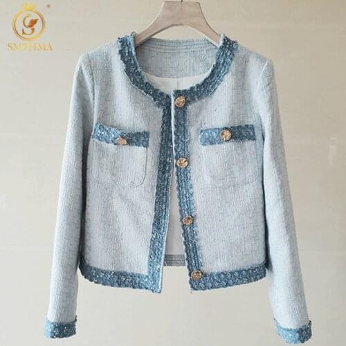 SMTHMA 2021 New Arrival Autumn Vintage Korean Loose Casual Jacket Womens Patchwork Single-Breasted Blue Tops