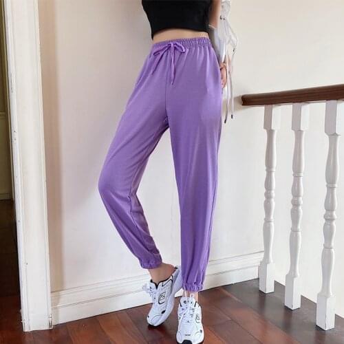 Sports Trousers Women Summer Korean Trousers Womens High-waisted Harem Trousers Elastic Waist Tie-up Casual Pants Solid Color