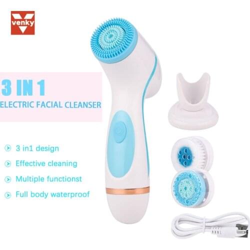 VENKY 3 In 1 Silicone Face Brush Facial Massager Electric Sonic Facial Cleanser Body Massage Usb Charging Waterproof Skin Care
