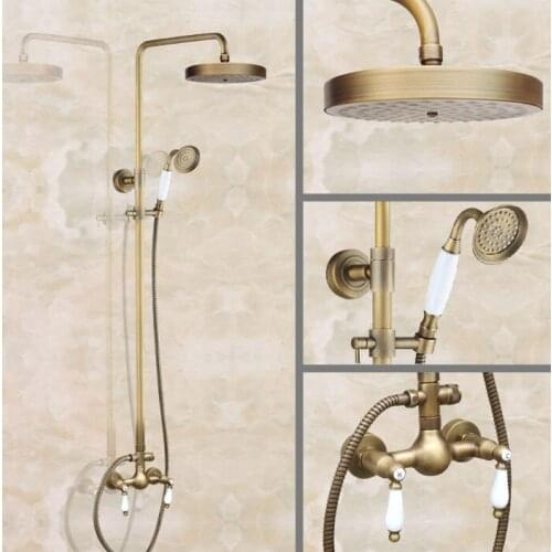 Vintage Antique Brass Wall Mount 8 Inch Rain Bathroom Rainfall Shower Faucet Set Double Handle Hand Spray Head Mixer Tap 2an119