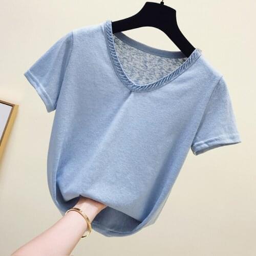 Korea White Tshirt Women Tops Pink Blue Summer V-Neck Female T-shirt Ladies Thin Tee Shirt Short Sleeve Fashion 2019