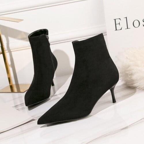 2020 Autumn Winter Women Ankle Boots Shoes Solid Black Brown Zipper Pointed Toe Rubber Elegant Sexy Thin High Heels Women Boots