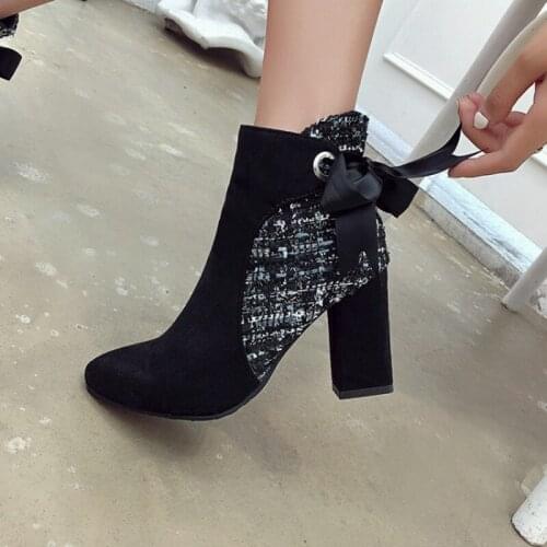 New Elegant Fashion bowknot silk ribbon Autumn Winter Platform boots Plus Size 43 High Heels Ankle Boots For Women Shoes 5320-9