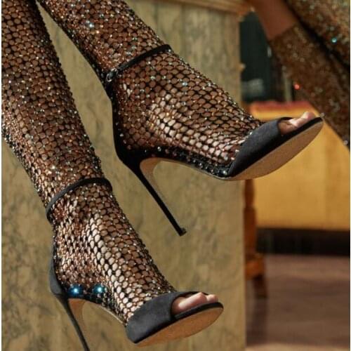 Sexy Woman Black White Sliver Nude Crystal Rhinestone Bling Mesh Knee High Sandals Boots Female Peep Toe 8/10 CM Heels Boots