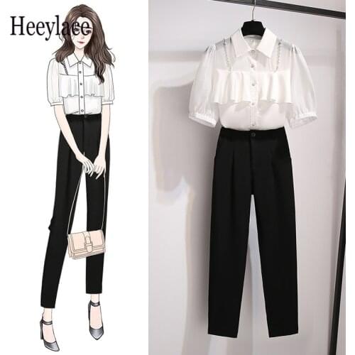 Office Ladies Elegant Long Pants Sets For Women Ruffles Patchwork Polo Collar Puff sleeve Chiffon Top And Pants Two Pieces Sets