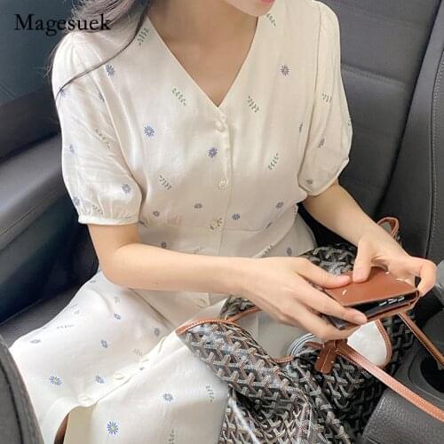 Korean Summer Floral Print Dress Women High Waist Short Sleeve Midi Long Dress Sweet V-neck Casual Single Breasted Dress 14888