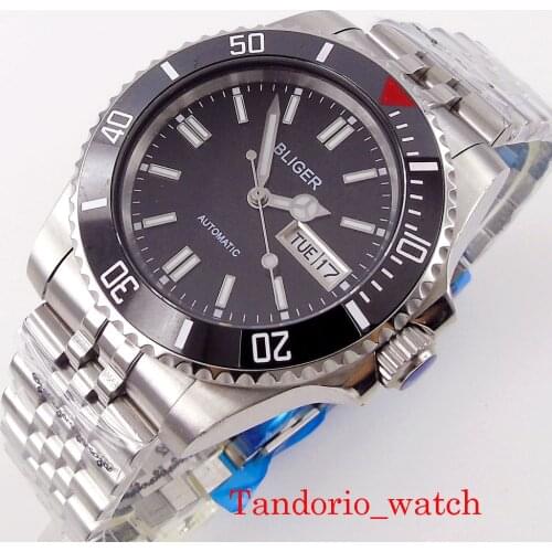 40mm Bliger Black Dial 24Jewels Japan NH36A New Automatic Men Watch Sapphire Glass Date Week Window Jubilee Bracelet