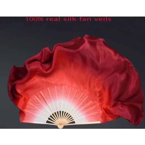 Double Side 100% Real Silk Bamboo Dance Fan chinese traditional Belly Dancing Fans Folk Art short Fans White-Red Gradient color