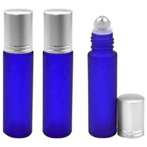Hot sale 10ml essential oil glass bottle, 1/3 oz blue frosted glass roll on bottle, 10cc cobalt blue perfume roller vial