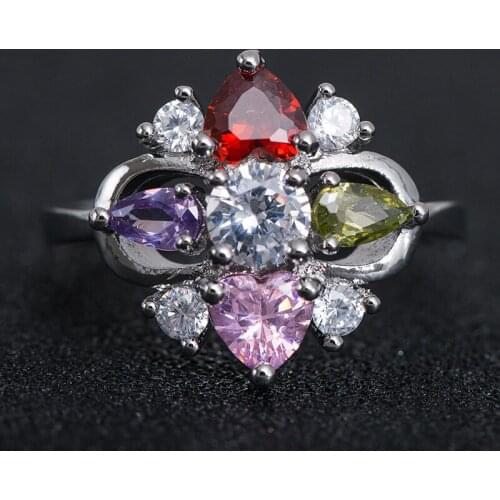 Hainon Fashion Colorful Heart Flower Shape Big Zircon Stone Rings for Women Wedding Engagement Luxury Silver Color Ring Jewelry