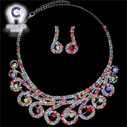 HanCheng New Luxury Wedding Silver Plated Alloy Bridal Jewelry Rhinestone Created Crystal Pendant Necklace/Earrings Jewelry