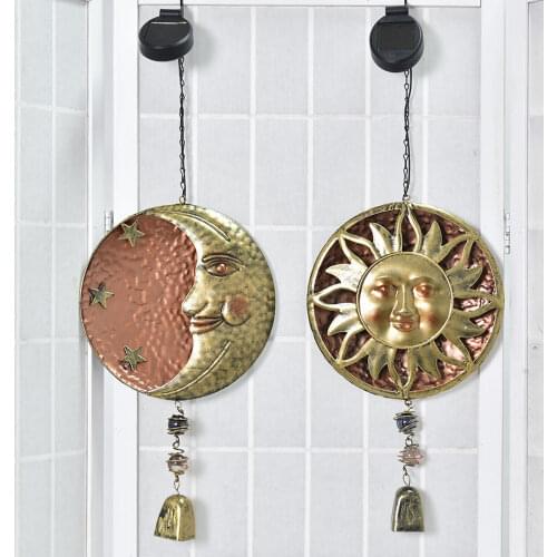 Exquisite Metal Mural Sun & Moon Iron Art Wall Hanging Wind Chime Creative Solar LED Wall Decor Home Garden Living Room Art Deco
