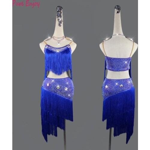 Lady performance latin dance clothes senior women stones tassel latin dance dress girls latin dance show latin dance dresses
