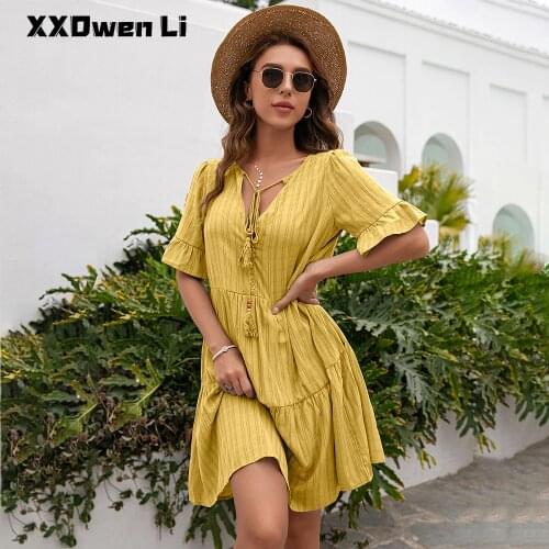 Summer Sexy Lace Up Ruffle Half Sleeve WomenS Dresses Casual Loose Solid Stripe Button Beach Dress Fashion Party Women Clothing