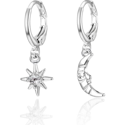 Fashion Silver Color Zircon Moon Star Drop Earrings for Women Asymmetric Best Friend Gift Star Moon Dangle Earring Party Jewelry