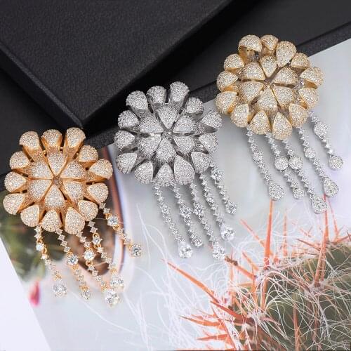Blachette Fashion Luxury Blossom Tassel Pendant Earrings Party Dangle Earrings Full Cubic Zirconia Statement Jewelry Accessories