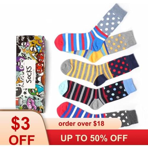 SeeBest Mens Crew Happy Socks Dot Strip For Husband Cool Silly Guys Mean Funnt Novelty Crazy Birthday Gifts Box 5 Pairs Pack