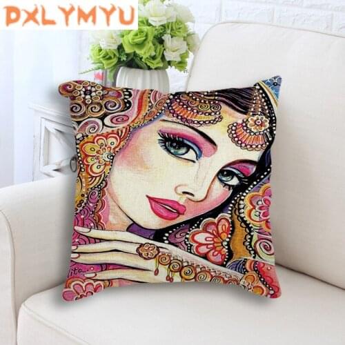 New Beautiful Indian Girl Printed Cushion Linen Cotton Decorative Cushion Home Decor Sofa Throw Pillow For Girls Room Decoration