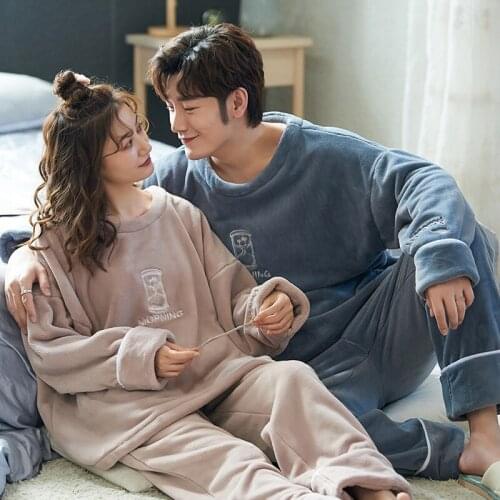 Cartoon Pajamas Set 2 Pieces Couple Long Sleeve Thick Coral Fleece Pajamas Women Sleepwear Mens Night Suit Girl Homewear Nightie